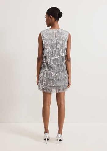 Phase Eight Lula Fringe Sequin Dress Silver Australia | FA0724581